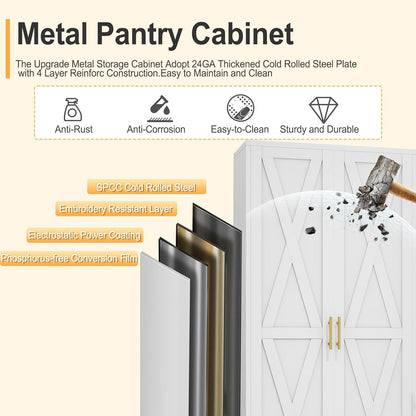 71" H Metal Kitchen Pantry Storage Cabinet, Freestanding Cupboard with 2 Doors and 4 Adjustable Shelves, Standing Storage for Kitchen, Bathroom, Garage, Dinning Room or Utility Room（White）
