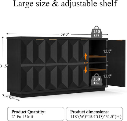 Brafab 118" Sideboard Buffet Cabinet with 3D Geometric Doors, Long Credenza