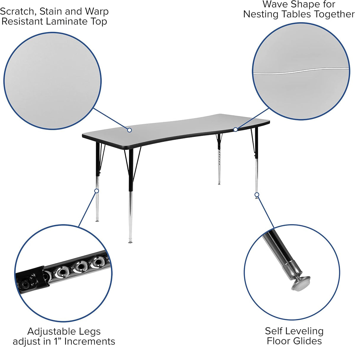 Flash Furniture Emmy 2 Piece 86" Oval Wave Flexible Grey Thermal Laminate Activity Table Set - Standard Height Adjustable Legs | Height Adjustable, Flexible, Durable Construction, Commercial Use
