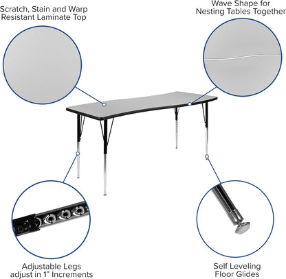 Flash Furniture Emmy 2 Piece 86" Oval Wave Flexible Grey Thermal Laminate Activity Table Set - Standard Height Adjustable Legs | Height Adjustable, Flexible, Durable Construction, Commercial Use