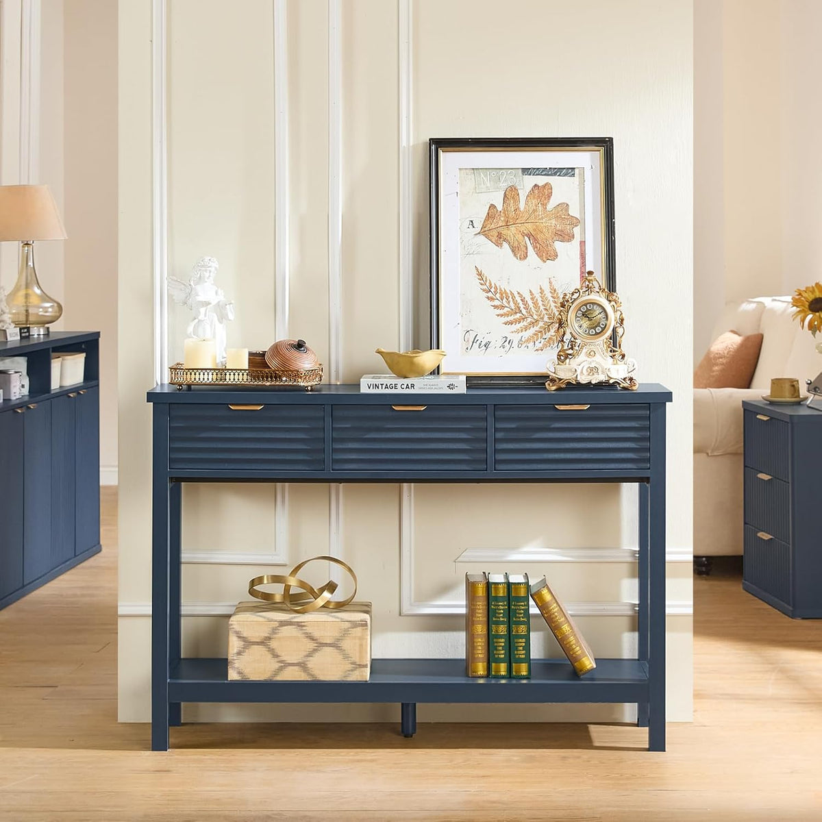 LEYAOYAO Fluted 47.2" Console Table with 3 Drawers, Modern Wood 2 Tier Entryway Table with Open Storage Shelf, Sofa Entry Tables Behind Couch for Living Room, Hallway, Entrance Foyer, Dark Navy Blue