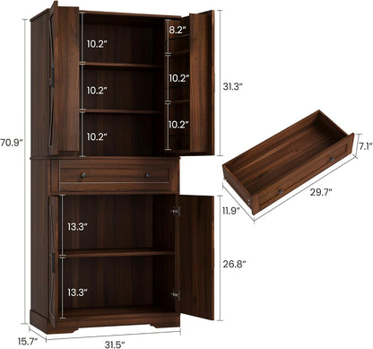 Garvee 71" Kitchen Pantry Cabinet, Barn Door Freestanding Cupboard with Drawer, Sliding Storage Rack, and 6 Hanging Shelves for Kitchen, Dining Room, Living Room Bedroom