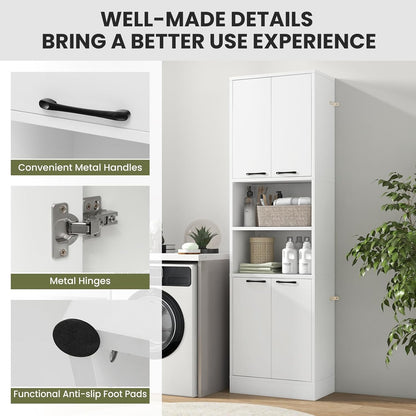 Kitchen Pantry Cabinet, Dining Room Cupboard with 4 Doors & 2 Open Countertop, 4 Anti-Tipping Devices, 75” Tall Bathroom Storage Cabinets (White)