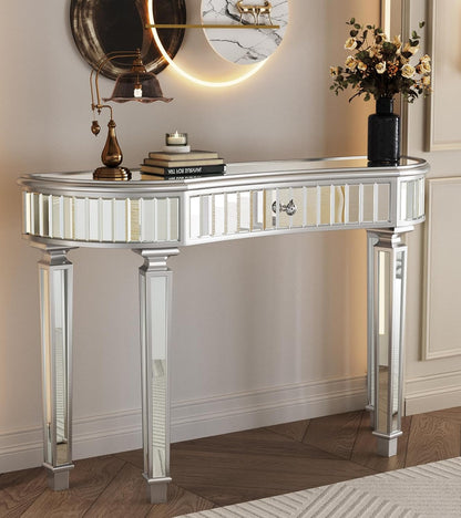 Half-Moon Mirrored Sofa Table with Storage, Semi Circle Entryway Console Table with Fluted Glass & Crystal Knob Drawer,Modern Sofa Table Behind Couch for Living/Dressing Room,Hallway Foyer, Silver