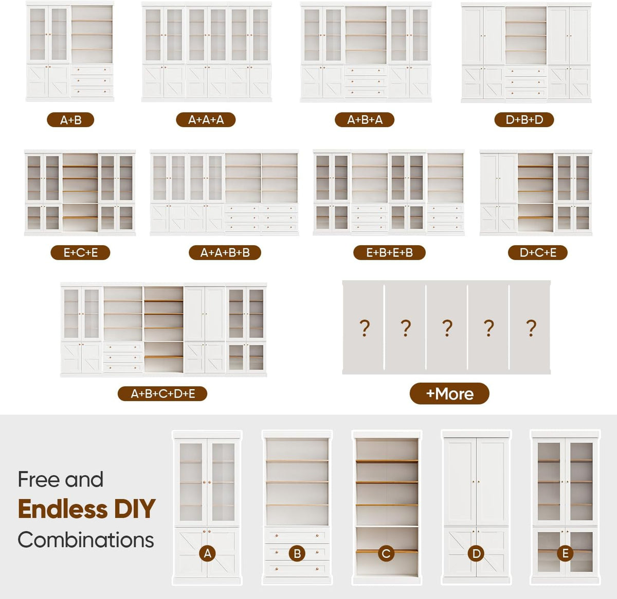 70.8" Tall Farmhouse Modular Kitchen Pantry Cabinet with Glass Doors & Wooden Storage Hutch with Six-Tier Adjustable Shelves, White，2pcs