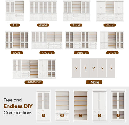 70.8" Tall Farmhouse Modular Kitchen Pantry Cabinet with Glass Doors & Wooden Storage Hutch with Six-Tier Adjustable Shelves, White，2pcs