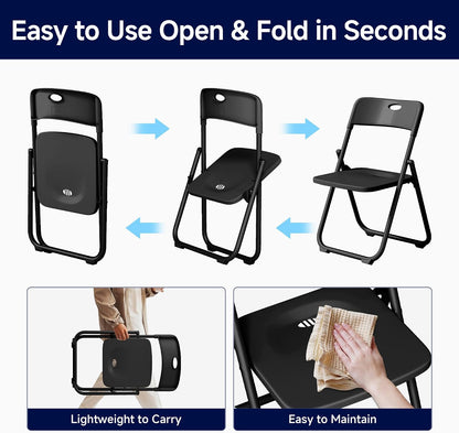 10 Pack Black Plastic Folding Chairs, Lightweight Foldable Chair with 350lbs Capacity, Portable Seat with Sturdy Steel Frame for Indoor & Outdoor Use