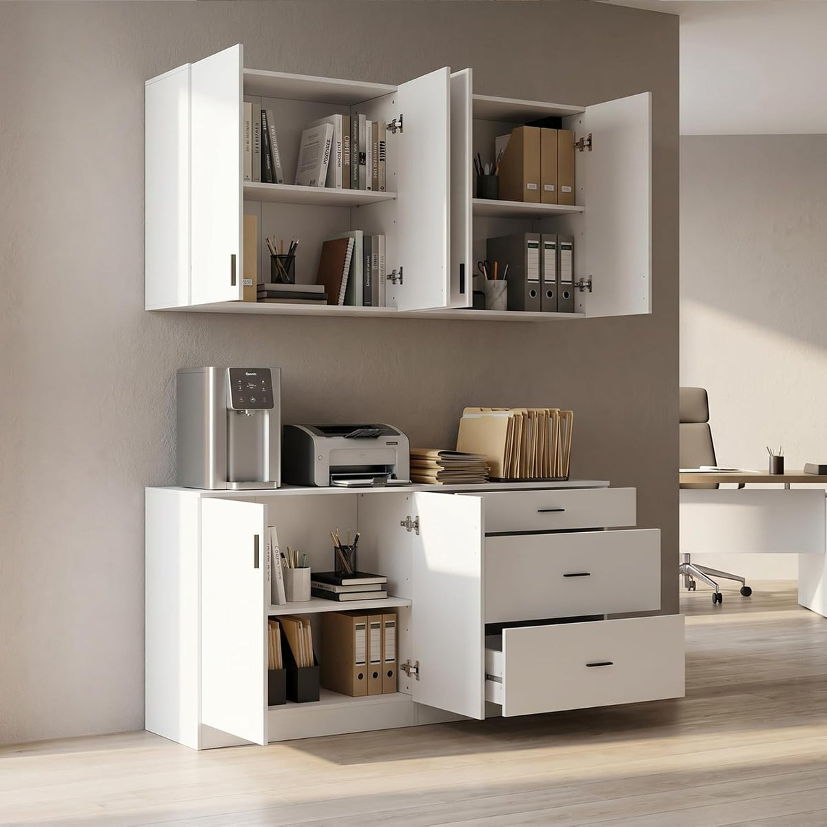 63" Wide Kitchen Pantry, 2-Piece Modern Storage Cabinet with 6 Doors and 3 Drawers, Food Pantry Cabinets with 3 Adjustable Shelves, Wall Mounted Cupboard and Base Cabinet for Kitchen, White