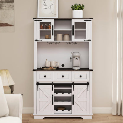Coffee Bar Cabinet with Sliding Barn Doors 71'' Farmhouse Pantry Cabinet with Drawers & Wine Glass Rack Rustic Buffet Cabinet for Kitchen, White and Black