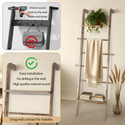 Wooden Ladder with Shelf for Room Decor, 6-Tier Decor Ladder with Non-Slip Mat & Hooks, Farmhouse Style Leaning Wall Display Holder