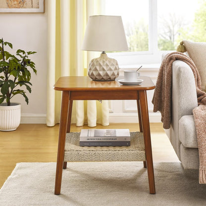 23" Mid-Century Side Table with Woven Shelf and Storage, for Living Room Couch Bedroom Patio Home Office,Dark Walnut (Side Table)