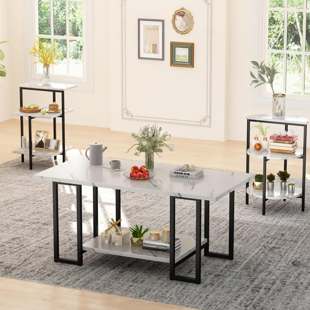 Lamerge Coffee Table Set of 3,Rectangle Coffee Table&2 Accent Table,Faux Marble Tabletop,3 Piece Living Room Table Sets with Multi Tier Storage, for Small Space, Apartment,White & Black