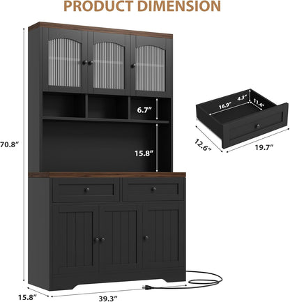 GarveeHome Pantry Cabinet with Charging Station, Tall Kitchen Pantry Storage Cabinet with Hutch,70.8 Inch Kitchen Cabinet with 30mm Thickened Countertop, Fluted Glass Doors, for Dining Room, Balck