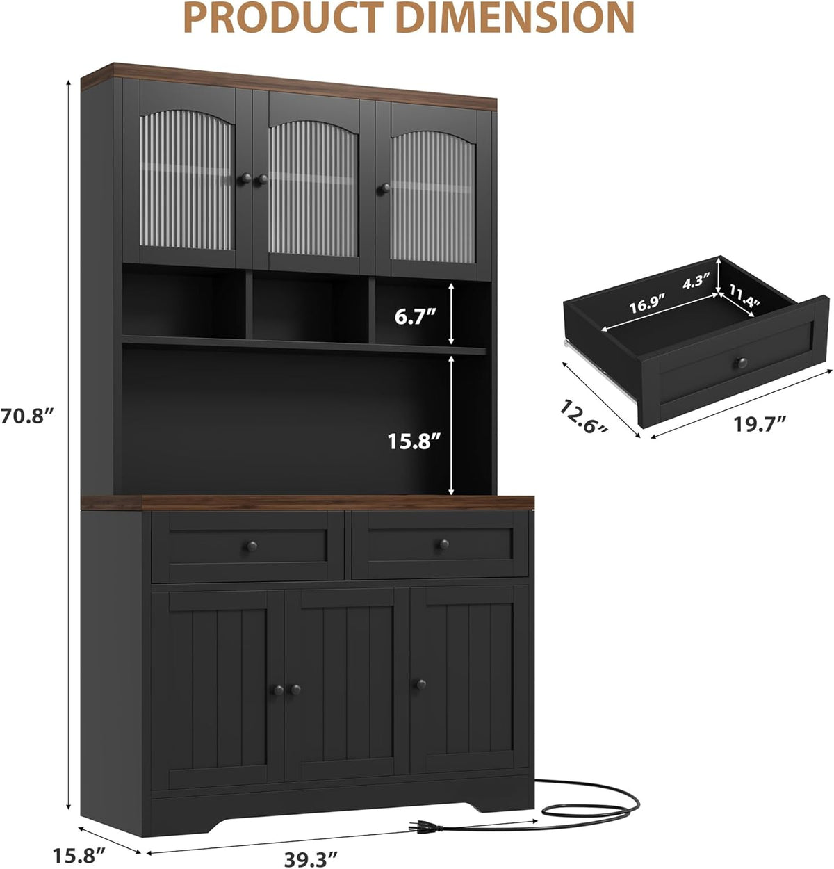 Garvee 71" Pantry Cabinet with Charging Station, Tall Kitchen Pantry Storage Cabinet with Microwave Stand, Farmhouse Kitchen Hutch with Storage Drawers for Living Room, Dining Room, Black