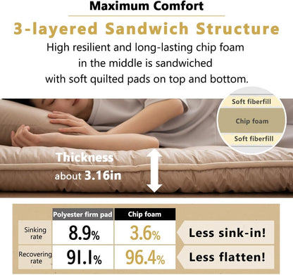 EMOOR Japanese Floor Futon Mattress Anti-Sag Twin-XL Made in Japan 100% Cotton Chip Foam Gray, Shikibuton Foldable Sleeping Bed Tatami Mat