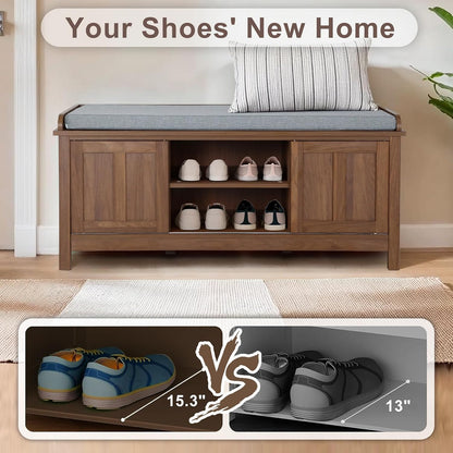 2-Tier Shoe Storage Bench,43" Wooden Shoe Cabinet with Sliding Doors,Walnut Shoe Bench with Adjustable Shelves,Storage Bench for Entryway,Hallway,Bedroom