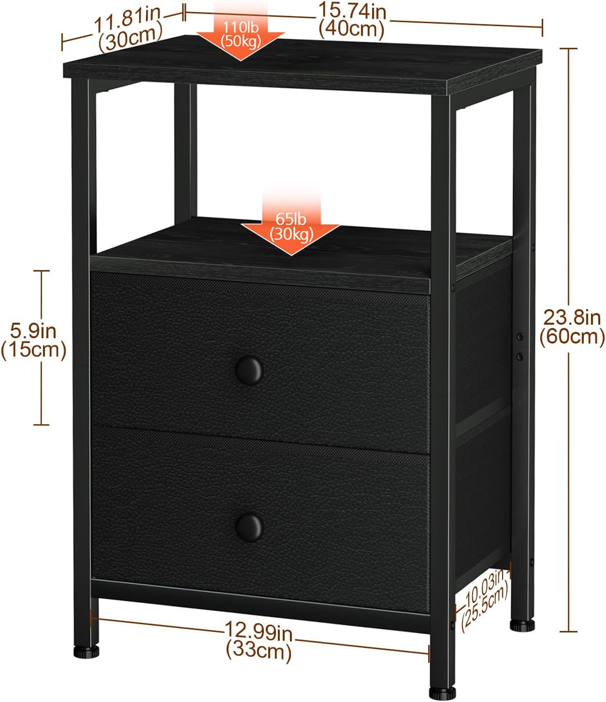 LOAKEKEL Night Stand, Black Nightstands with 2 Fabric Drawers for Bedroom | Small Bedside Table, End Tables Living Room, Bed Side Table with Open Storage Shelf