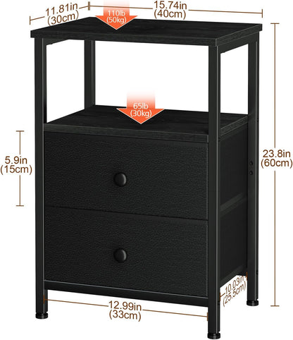LOAKEKEL Night Stand, Black Nightstands with 2 Fabric Drawers for Bedroom | Small Bedside Table, End Tables Living Room, Bed Side Table with Open Storage Shelf