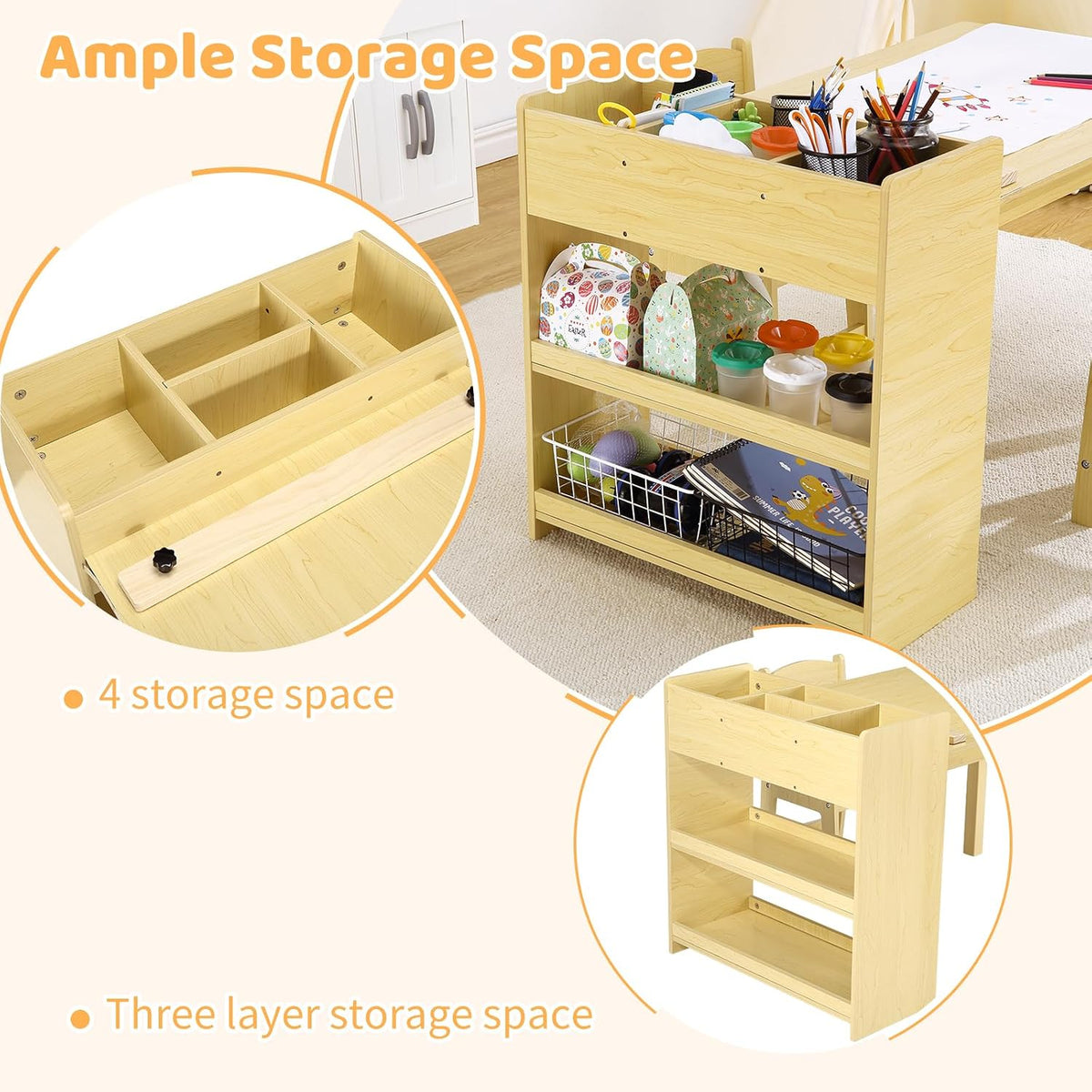 Kids Art Table with 2 Chairs, Toddler Craft Play Wood Activity Desk with 3-tier Storage Shelves for Writing Drawing, Children's Wooden Furniture Table and Chairs Set for Playrooms & Classroom