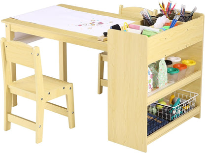 PlayfulPals Kids Art Table with 2 Chairs Set, Toddler Craft Desk with Storage Shelves, Drawing Table with Paper Roller Yellow