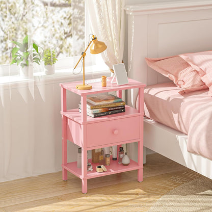 Lerliuo Nightstand with Charging Station and USB Ports, 3-Tier Storage Pink End Table with Drawer Shelf, Night Stand for Small Spaces, Wood Bedside Table for Living Room, Bedroom - ‌Light Pink