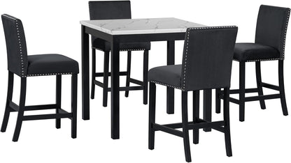Merax Dining Table Set, 5 Piece Counter Height Dining Table Set with Faux Marble Dining Table and 4 Upholstered-Seat Chairs, Dining Room Table Set for Kitchen/Living Room, Black