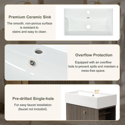 JIVOIT Bathroom Vanity with Ceramic Sink, 21.6" Bathroom Cabinet with Open and Closed Storage, a Tissue Holder, Side Storage, Modern Left Door Wood Grain Cabinet for Small Space