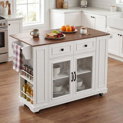 Kitchen Storage Islands and Carts with Internal Storage Rack, Power Outlet and Open Shelves, Rolling Island for Kitchen with Knife Holder, for Kitchen, Dining