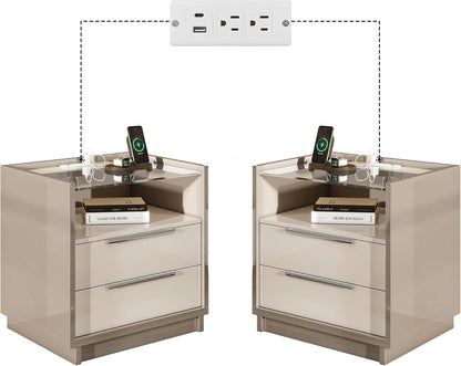 AMERLIFE 23.6" Nightstand Set of 2, Modern Bedside Table, Cream & Grey | High Gloss End Table, Night Stand with Charging Station, 2 Drawers & Open Shelf, Glass Top, Easy Assembly, Bedroom Storage