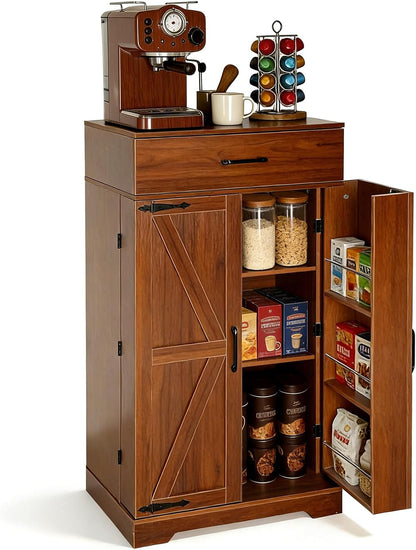 CypherX 47" Farmhouse Brown Kitchen Pantry Storage Cabinet for Dining Room | Rustic sideboard buffet cupboard; doors with shelves & smooth drawer; 47" tall pantry; 5-level adjustable storage shelves