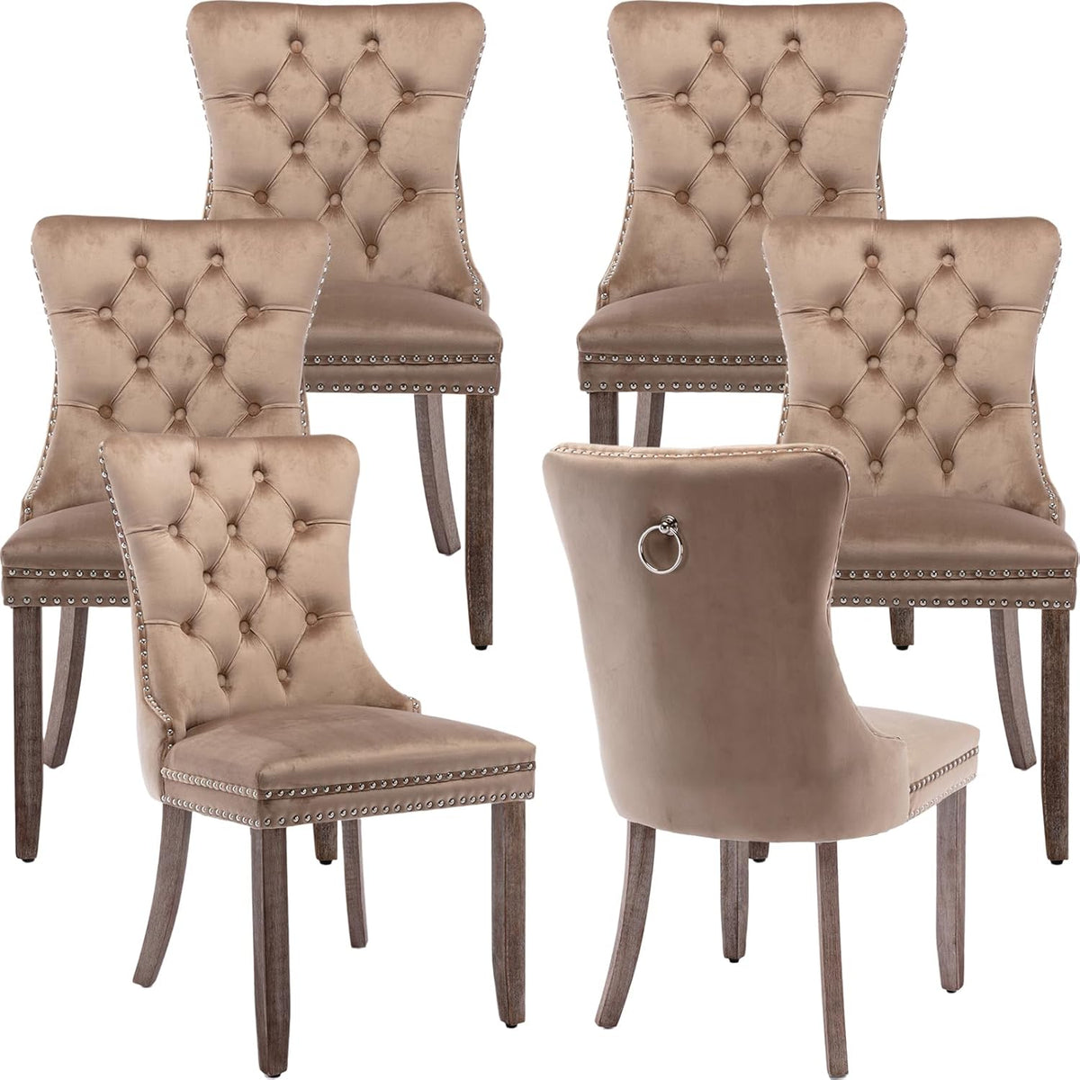 OVENTA Modern Tufted Upholstered Dining Chairs Set of 6, Sand Velvet Dining Room Chair with Solid Wood Legs, Sillas de Comedor, Kitchen Chairs (Sand, Velvet Set of 6)
