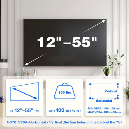 KAMIWI 1.2" Ultra Slim Fixed TV Wall Mount for 12-55 Inch TVs up to 100lbs | Low-Profile Flush TV Mount, Universal TV Wall Bracket, Fits 16"/24" Wood Stud, Max VESA 400 x 400 mm, Easy Installation