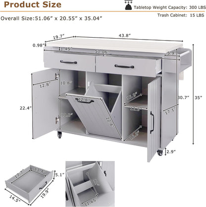 51" Rolling Kitchen Island with Tilt-Out Trash Cabinet & Drop Leaf | Tilt-Out Trash Cabinet, Drop Leaf Extension, Rolling Design, Kitchen Storage, 51 Inch Width