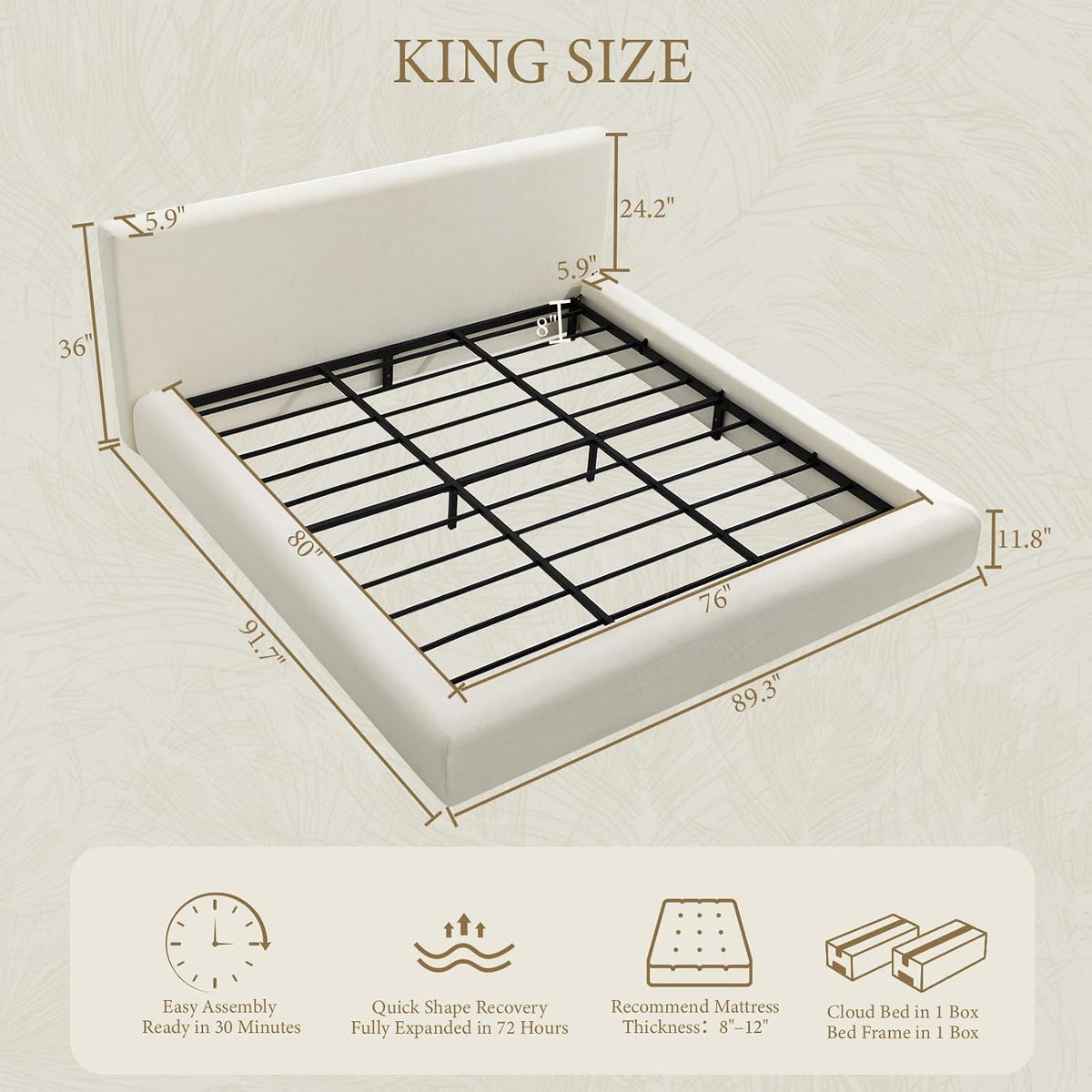 XIAO WEI King Cloud Bed Frame, Upholstered Platform Bed Frame with Headboard, 5.9" Thick Fully Padded Frame, White Ribbed Chenille Fabric, Noise-Free, No Box Spring Required, Easy Assembly