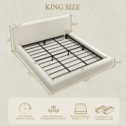 XIAO WEI King Cloud Bed Frame, Upholstered Platform Bed Frame with Headboard, 5.9" Thick Fully Padded Frame, White Ribbed Chenille Fabric, Noise-Free, No Box Spring Required, Easy Assembly