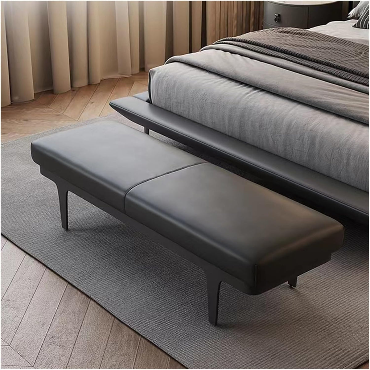 Modern Black PU Leather Modern Ottoman Bench, Upholstered Bedroom Benches Footrest Stool Indoor for Entryway Living Room Dining Entryway(140 * 45 * 42cm)