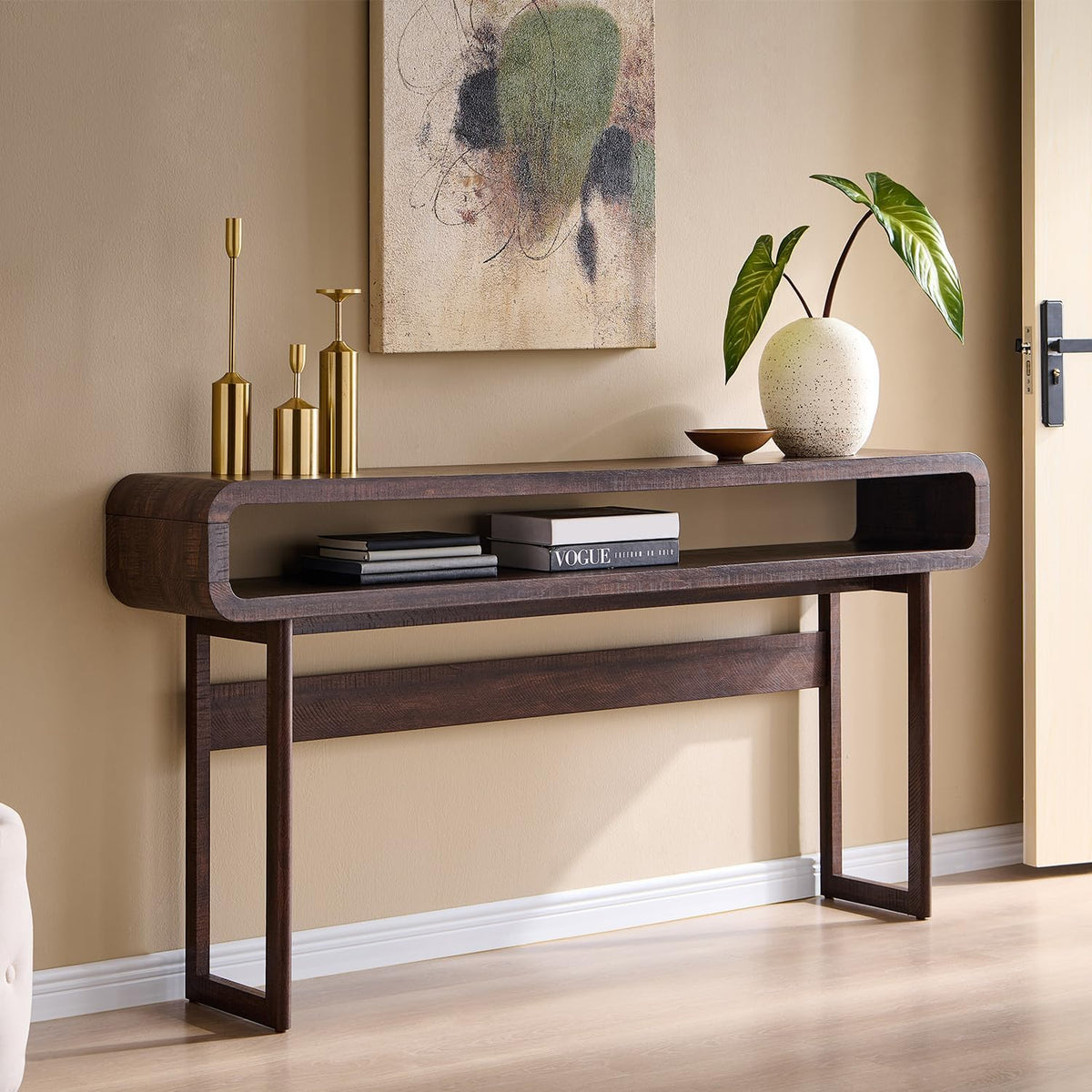 IFGET 63-Inch Long Console Table, Modern Curved Entryway Table, Dark Walnut | 31.5" Tall Entryway Table with Open Storage Shelf, Narrow Wood Sofa Table Behind Couch Table for Living Room, Hallway,Foyer