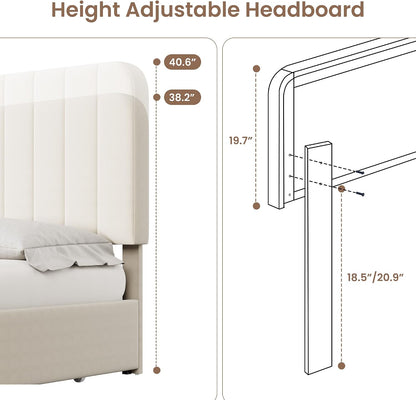 IDEALHOUSE Queen Size Velvet Upholstered Bed Frame, Beige