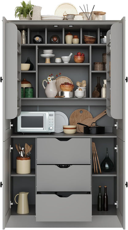 Virubi 42.3x20.0x70.9 inch Freestanding Kitchen Pantry Cabinet, Tall Storage Workstation with 4 Doors, 3 Drawers, 6 Door Shelves, Removable Shelves & 6 Wine Racks for Dining (Grey)
