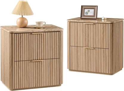 Fluted Nightstands Set 2 with Faux Marble Top, Modern Bedside Table | FSC-Certified Engineered Wood, 24" H, 2 Drawers, Rounded Corner, Metal Handle, for Bedroom, Natural Oak