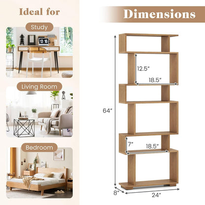 GIANTEX 6-Tier Geometric Bookshelves Set of 2, S-Shaped Bookcase with 2 Anti-Tipping Kits, Wooden Display Shelf, Decorative Storage Shelving Unit, Home Storage Organizer for Living Room, Natural