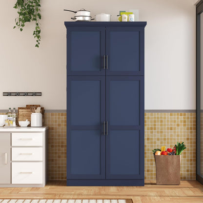 roomfitters 71 Inch Freestanding Kitchen Pantry with 8 Pull-Out Trays and Door Shelves, Shaker Cabinet, Blue