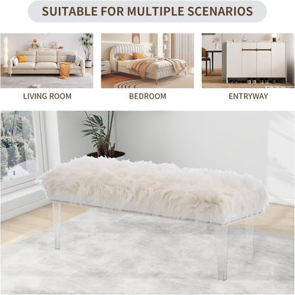Modern White Faux Fur Ottoman Bench - Upholstered Furry Bench with Acrylic Legs for Bedroom, Living Room, Entryway, Vanity or Bed End