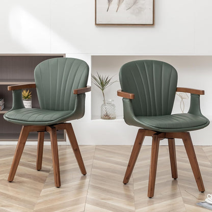 LUNLING Swivel Dining Chairs, Mid Century Modern Green Faux Leather Kitchen Chairs with Arms,Bamboo Legs Side Chairs No Wheels,Accent Chair for Dining Rooms and Offices,1PCS