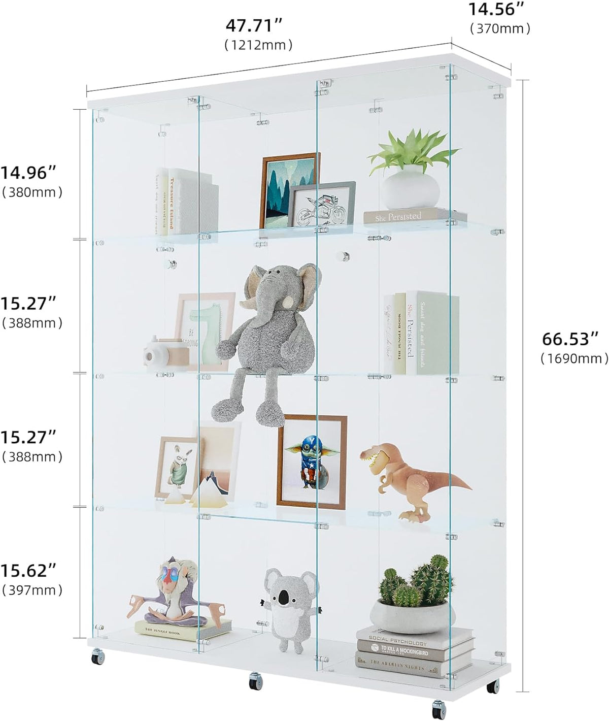 4 Shelves Glass Display Cabinet with 2 Doors Extra Large Display Case Curio Cabinets with Whees & Lock,Glass Bookshelf Storage Collection Display Case for Living Room,47.71"W x 14.37" D x 66.53"H