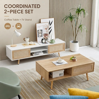 Boho Coffee Table & TV Stand Set of 2, Sliding Door Storage, Natural | Boho Entertainment Center Sturdy Frame, Natural TV Console Coffee Table with Sliding Door, Living Room Storage, Easy Assembly