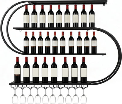 71" Modern Wall Mounted Wine Rack with LED Lights, 4-Tiers Wine Rack with Wine Glass Holder, Liquor Bottle Display Shelf for Home Bar Dining Room Kitchen Living Room-Black 70.87“