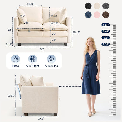 3 Seater Couch & Loveseat Sofa 2 Piece Set, Small 50" Love Seat & 69" Cloud 3 Seat Couch Sofa Set Washable Chenille Pillow Living Room Set for Apartment Office 50-Beige-3+2