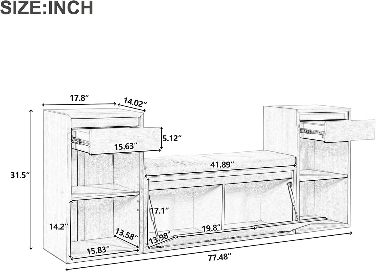 Merax Shoe Storage Bench with Cushion & Flip Compartments, All-in-One Entryway Bench with Drawers and Open Shelves, Solid Wood Storage Bench for Mudroom Hallway Living Room, Rustic Brown