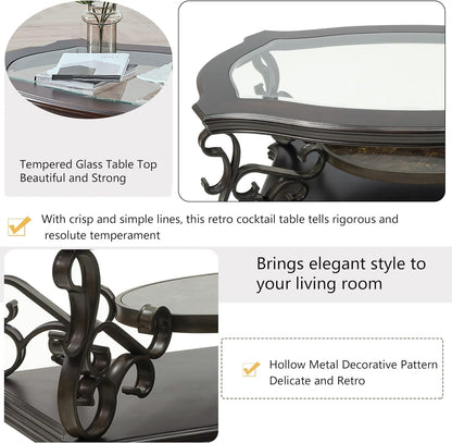 Henf 3 Piece Living Room Table Set, Retro Brown Coffee Table with 2 End Table, Coffee Table Set with Glass Top and Metal Frame for Home Office